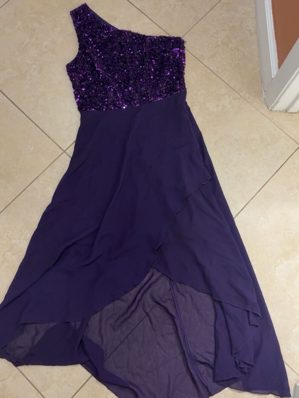 Shein Dark Purple One Shoulder Sequin Bodice Dress w/ Dropped Skirt, XS